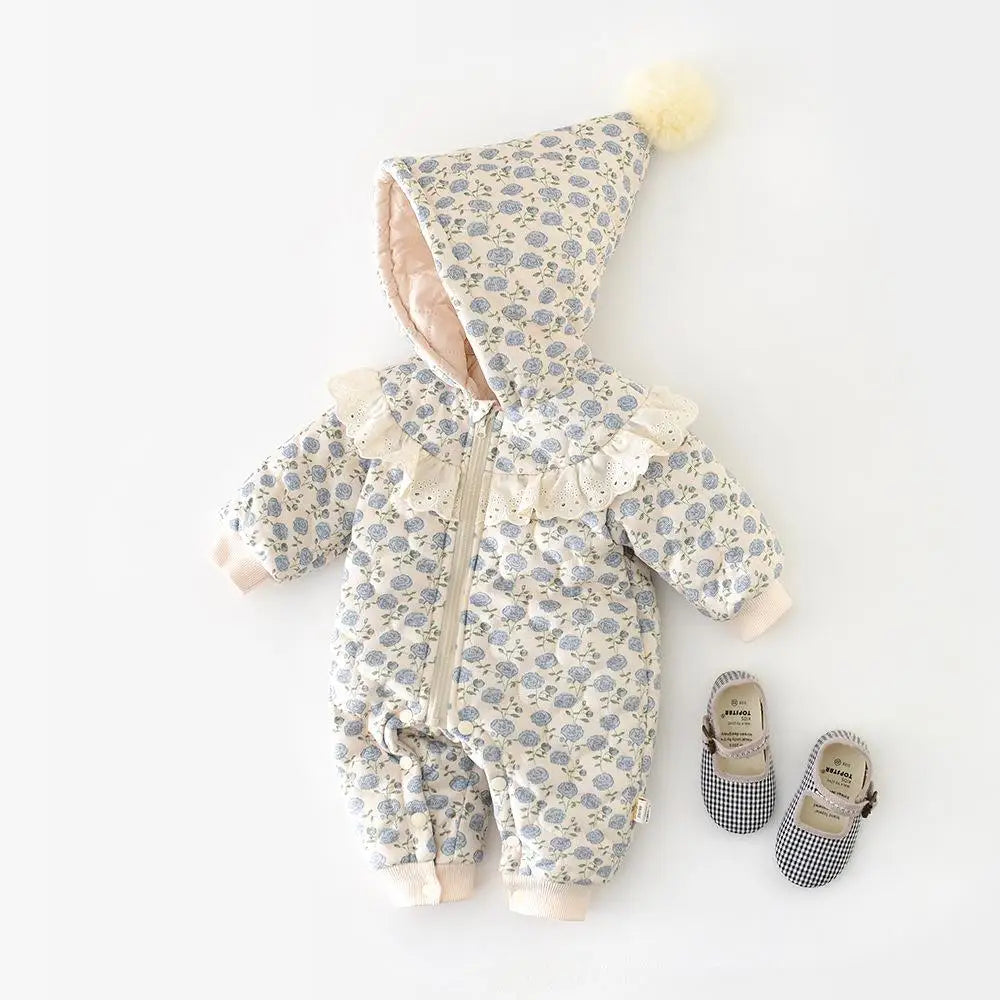アウタージャンプスーツ ベビーアウタージャンプスーツ フラワープリントレースフード付きパデッド長袖防寒ロンパース【mh0008099】
