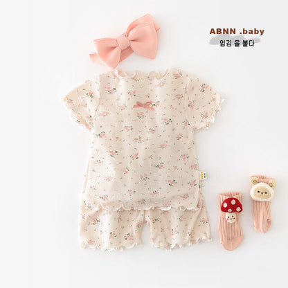 半袖セットアップ フラワープリントフリル半袖セットアップ【mh0009604】