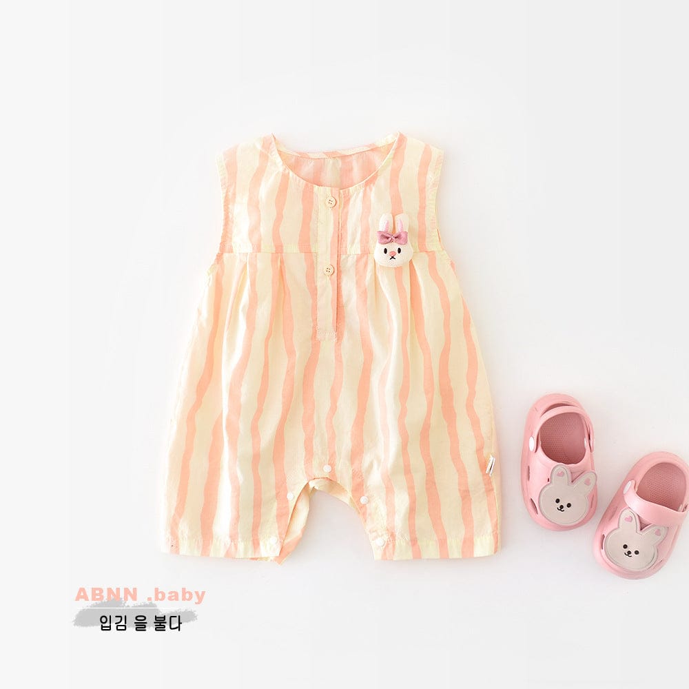 ノースリーブロンパース ストライプうさぎ耳付きノースリーブロンパース【mh0009605】