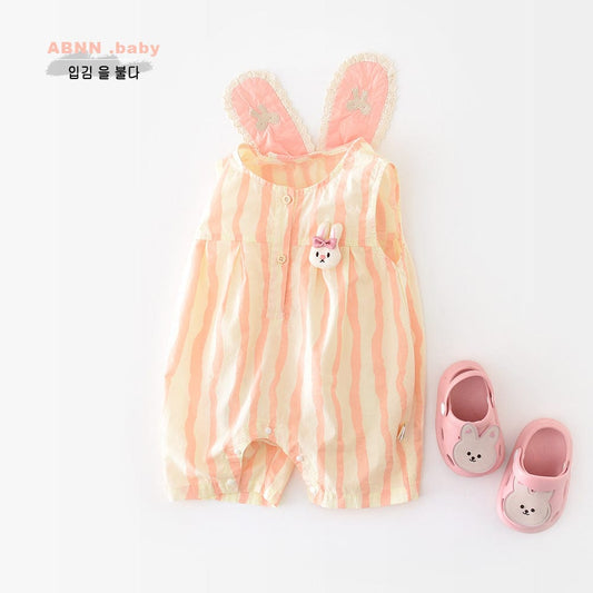 ノースリーブロンパース ストライプうさぎ耳付きノースリーブロンパース【mh0009605】