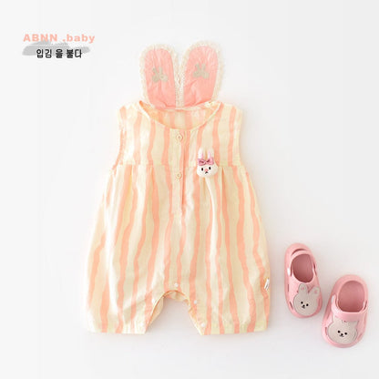 ノースリーブロンパース ストライプうさぎ耳付きノースリーブロンパース【mh0009605】