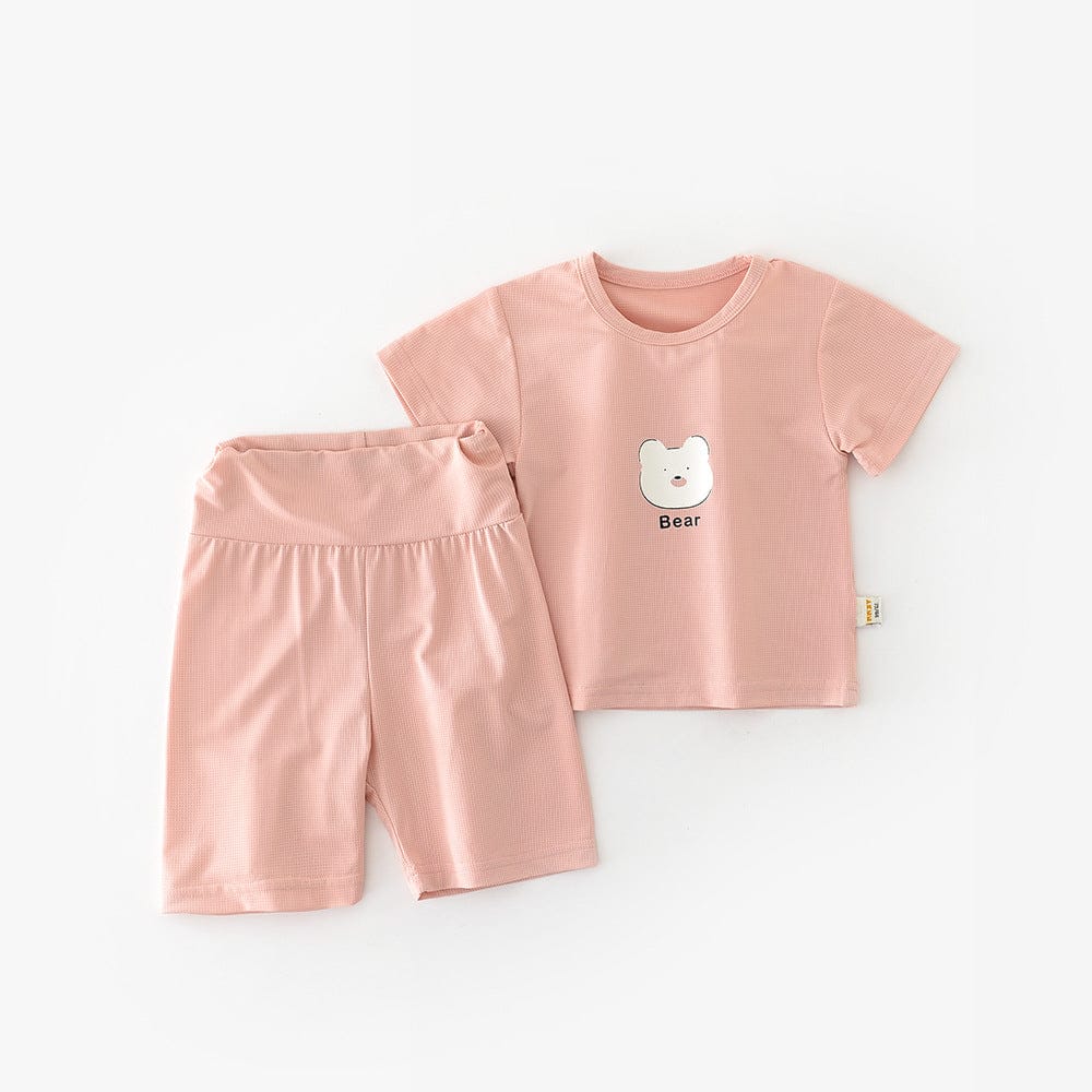 半袖セットアップ ベアくまプリント半袖Tシャツ+ハイウェストパンツセットアップ 2点セット【mh0009608】