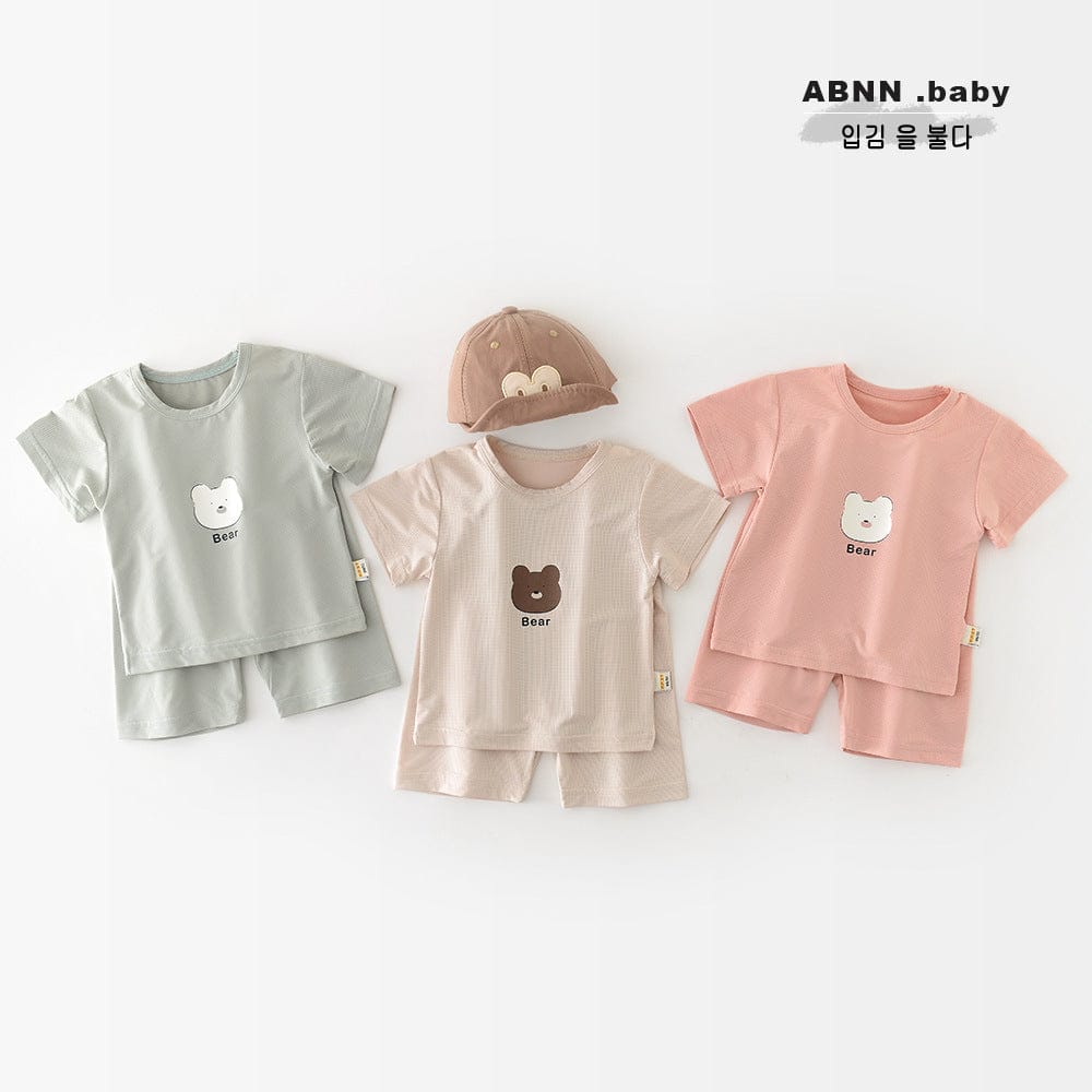 半袖セットアップ ベアくまプリント半袖Tシャツ+ハイウェストパンツセットアップ 2点セット【mh0009608】