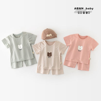 半袖セットアップ ベアくまプリント半袖Tシャツ+ハイウェストパンツセットアップ 2点セット【mh0009608】