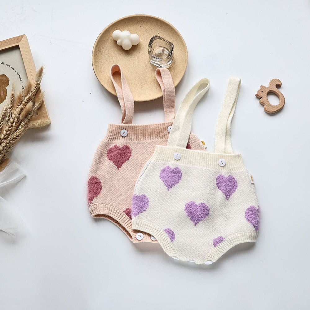 長袖セットアップ ベビー ニット セットアップ ハート サスペンダー ブルマ カーディガン 長袖 フリルカラー Tシャツ パープル ピンク ガールズ【mh0002270】