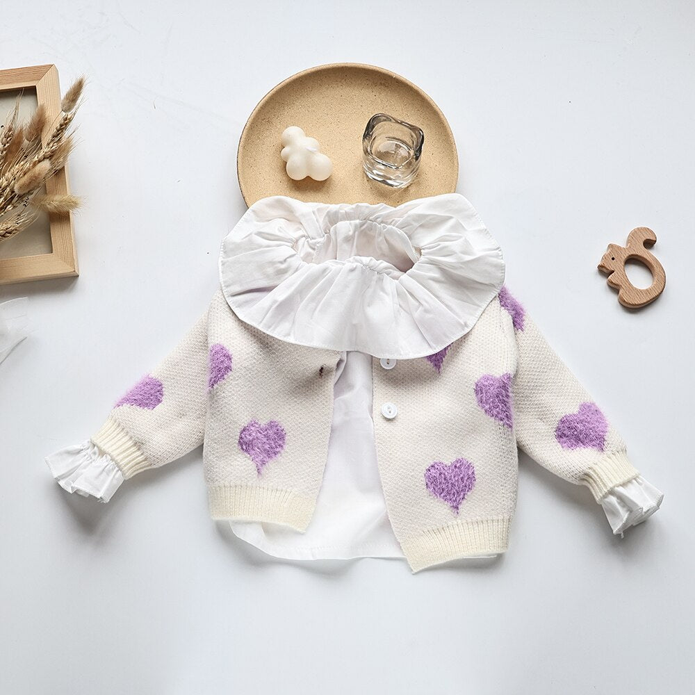 長袖セットアップ ベビー ニット セットアップ ハート サスペンダー ブルマ カーディガン 長袖 フリルカラー Tシャツ パープル ピンク ガールズ【mh0002270】