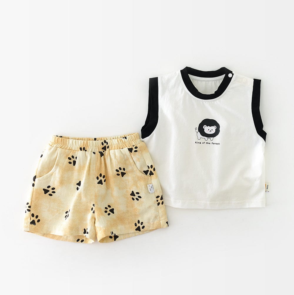 ノースリーブセットアップ White / 73cm ライオンプリントタンクトップ+ショートパンツセットアップ 2点セット【mh0009609】