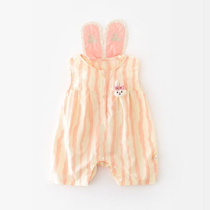 ノースリーブロンパース Yellow / 73cm ストライプうさぎ耳付きノースリーブロンパース【mh0009605】