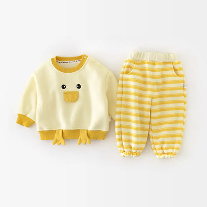 長袖セットアップ Yellow / 9M  73CM ベビーキッズセットアップ 2点セット あひるダックアップリケ裏フリース長袖スウェットシャツ+ボーダーロングパンツ【mh0007825】