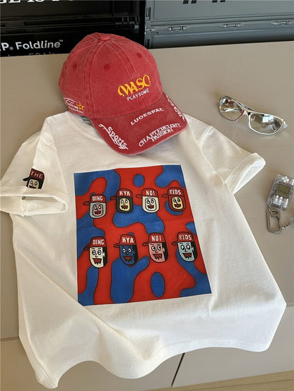 白の半袖Tシャツ、正面スクエアのキャラクタープリント