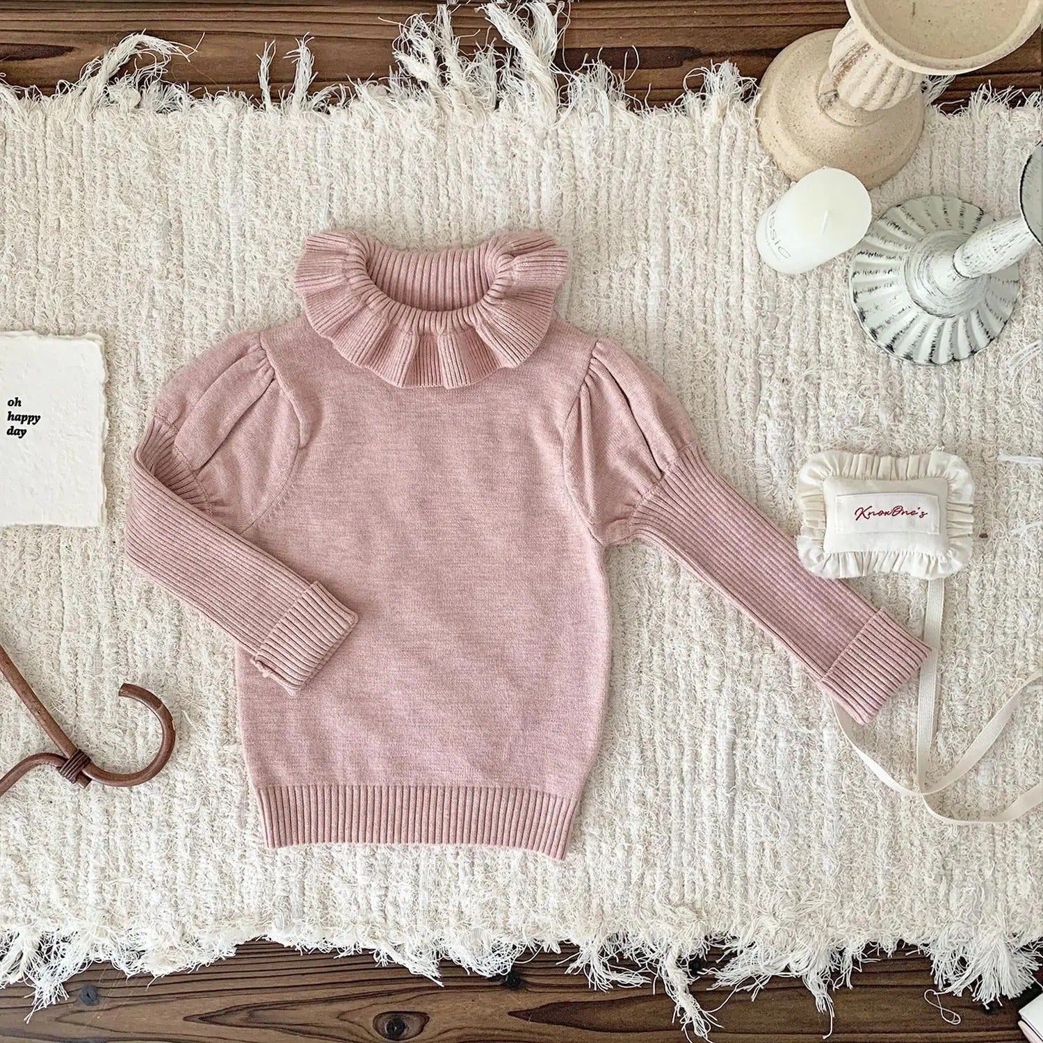 -ベビーキッズトップス ラッフル襟ニット長袖パフスリーブカットソーセーター 3カラー - mamahalo shop - ニット・セーター -  べビー服 - 子供服 - 男の子 - 女の子