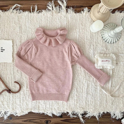 -ベビーキッズトップス ラッフル襟ニット長袖パフスリーブカットソーセーター 3カラー - mamahalo shop - ニット・セーター -  べビー服 - 子供服 - 男の子 - 女の子