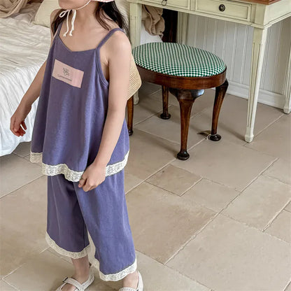 ノースリーブセットアップ キッズセットアップ 2点セット キャミソールトップス+クロップドパンツ レース 2カラー【mh0005358】