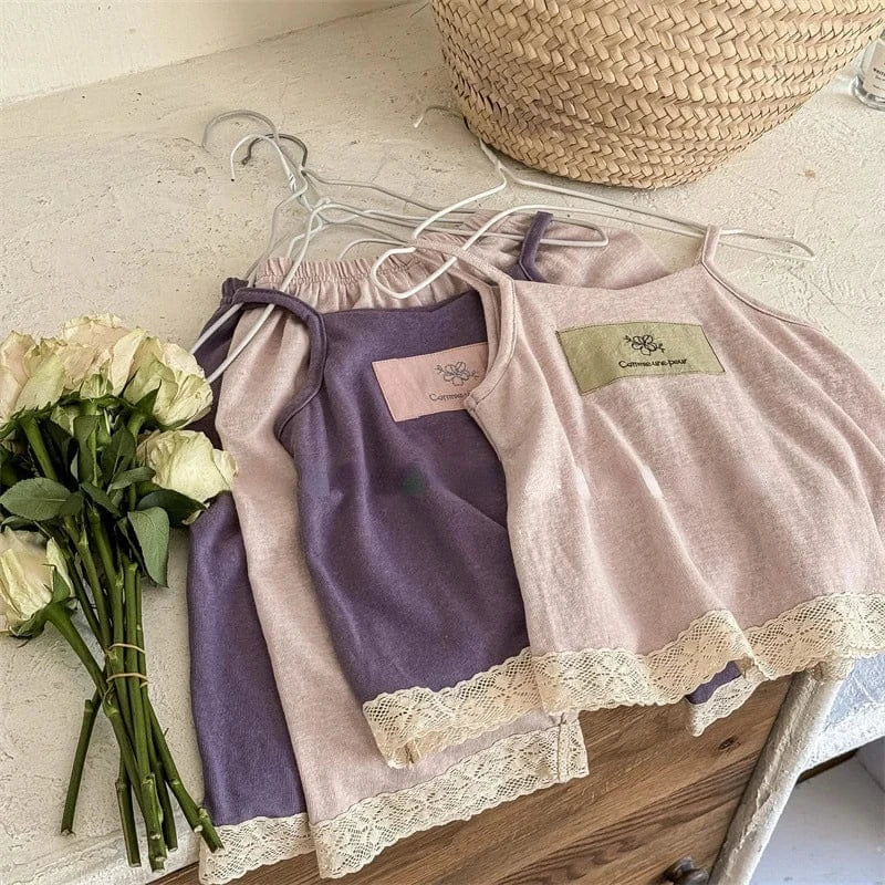 ノースリーブセットアップ キッズセットアップ 2点セット キャミソールトップス+クロップドパンツ レース 2カラー【mh0005358】