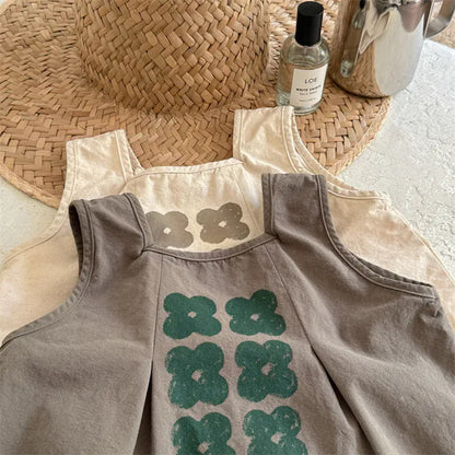 ノースリーブセットアップ キッズセットアップ 2点セット ノースリーブトップス+フレアショートパンツ レトロフラワープリント 2カラー【mh0005814】