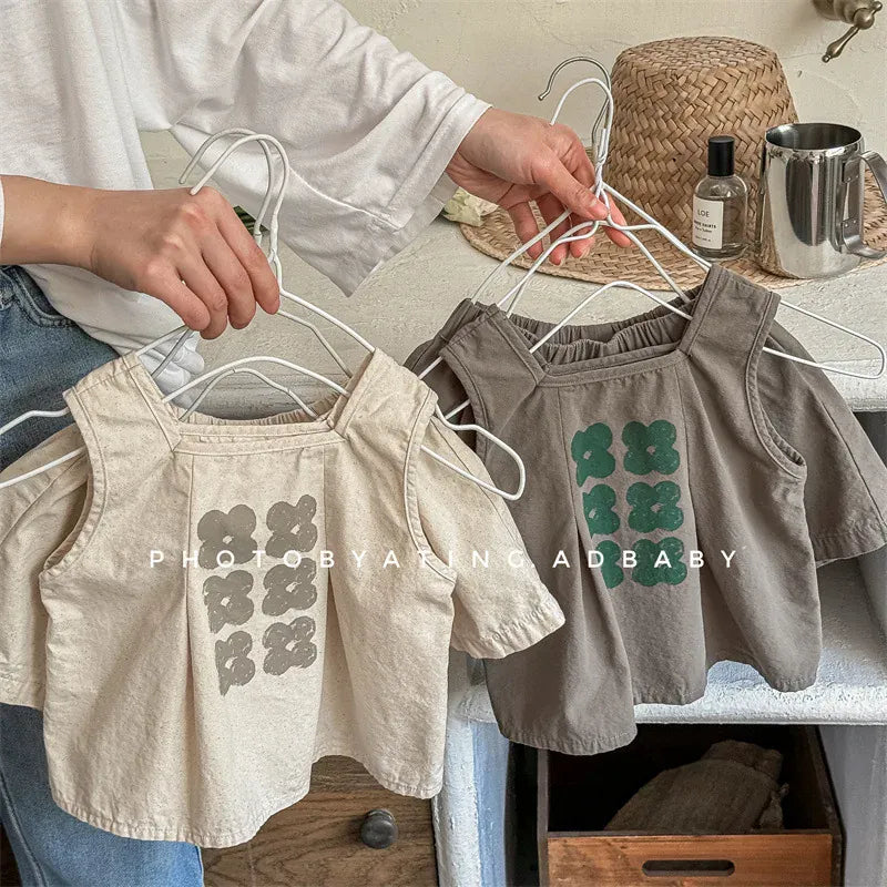 ノースリーブセットアップ キッズセットアップ 2点セット ノースリーブトップス+フレアショートパンツ レトロフラワープリント 2カラー【mh0005814】