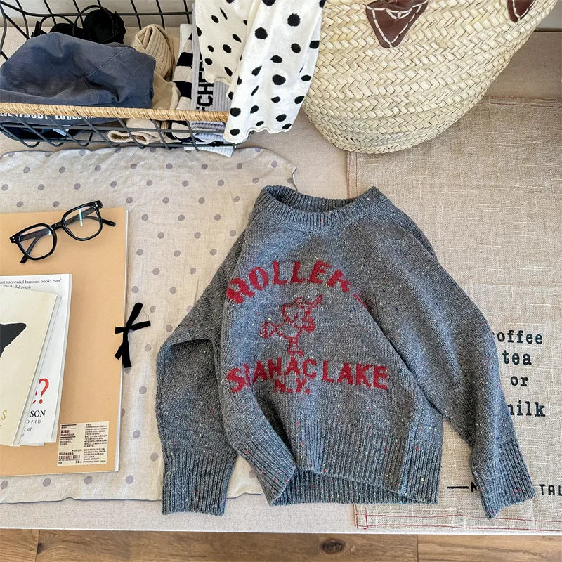 ニット・セーター キッズトップス ニットセーター 象 エレファント ローラースケート柄 カーキ ダークグレー 2カラー【mh0003824】