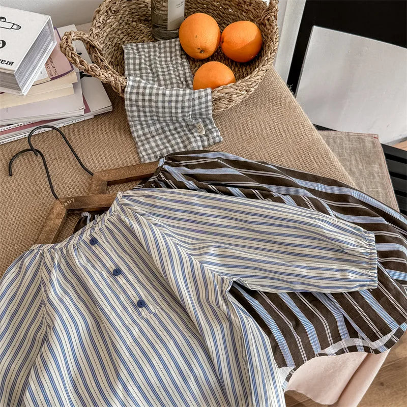 長袖シャツ・ブラウス キッズトップス ストライプ 長袖シャツ チュニックブラウス コーヒー/ベージュ/2カラー【mh0003943】