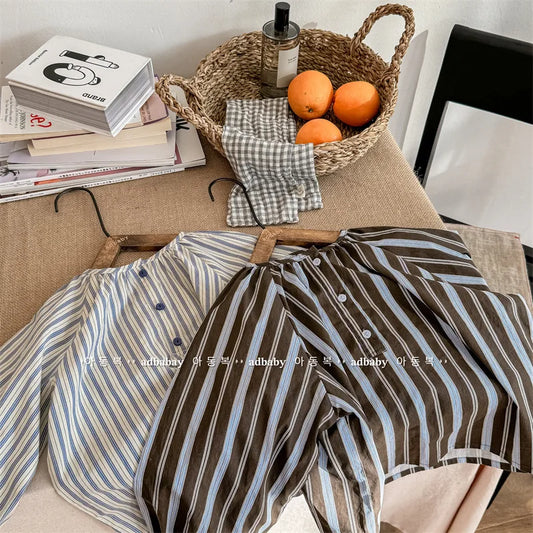 長袖シャツ・ブラウス キッズトップス ストライプ 長袖シャツ チュニックブラウス コーヒー/ベージュ/2カラー【mh0003943】