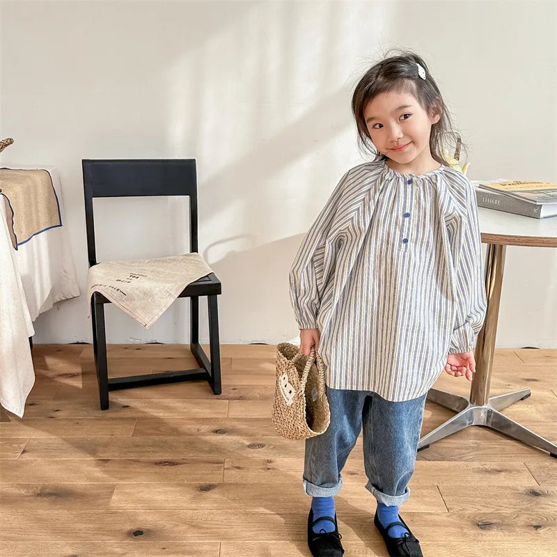 長袖シャツ・ブラウス キッズトップス ストライプ 長袖シャツ チュニックブラウス コーヒー/ベージュ/2カラー【mh0003943】