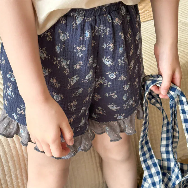 ハーフパンツ・ショートパンツ キッズパンツ フリルショートパンツ フラワー小花柄プリント レトロ 2カラー【mh0005432】