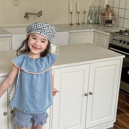 タンクトップ・キャミソール・ノースリーブトップス キッズトップス デニム ビッグサークル襟 ノースリーブブラウス 2カラー【mh0005437】