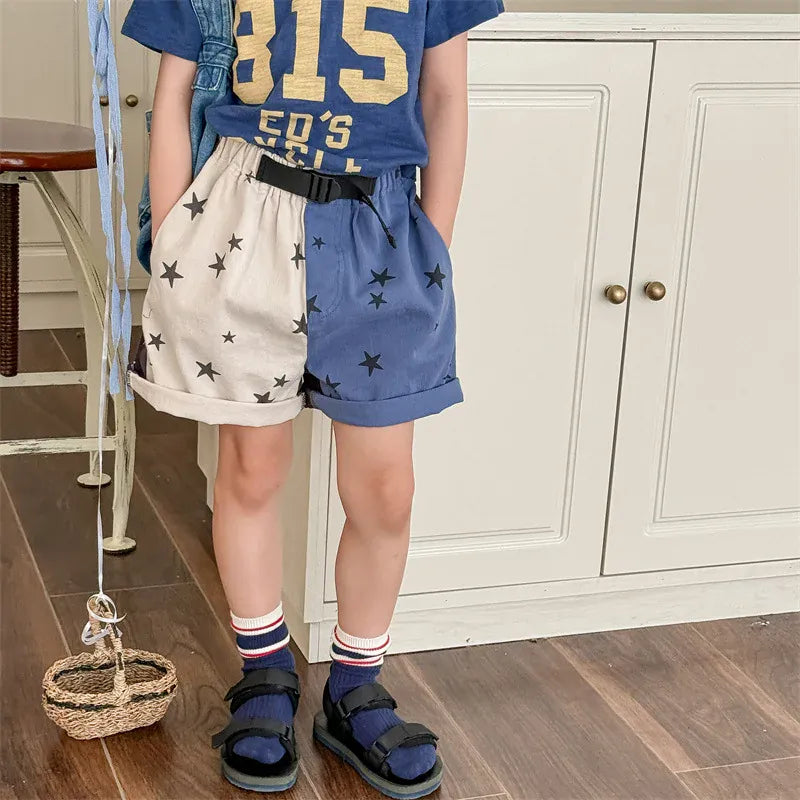 ハーフパンツ・ショートパンツ キッズパンツ 星スタープリント バイカラー パッチワーク ショートパンツ 2カラー【mh0005440】