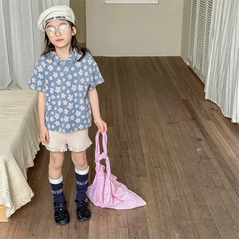 半袖シャツ・ブラウス キッズトップス 半袖ポロシャツ レトロフラワープリント 2カラー【mh0005445】