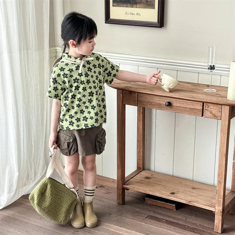 半袖シャツ・ブラウス キッズトップス 半袖ポロシャツ レトロフラワープリント 2カラー【mh0005445】
