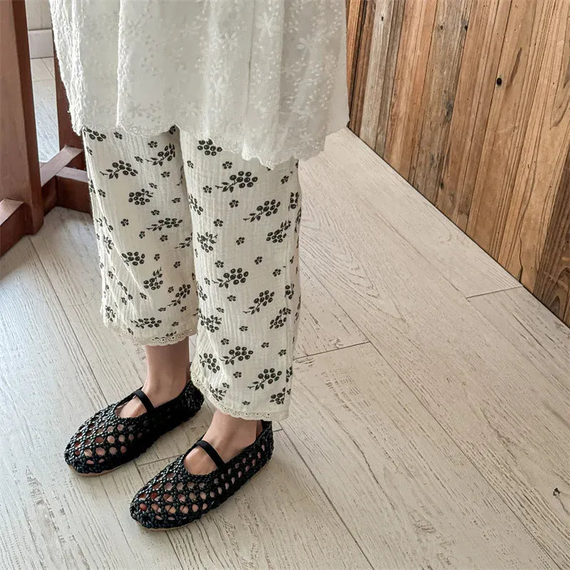 ロングパンツ・スウェットパンツ キッズパンツ サマールーズワイドクロップドパンツ フラワー花柄プリント 2カラー【mh0005812】