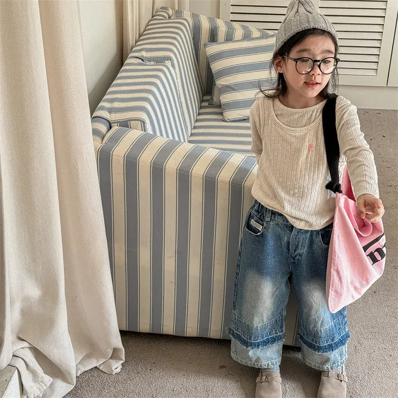 デニムパンツ キッズパンツ デニムパンツ 裾パッチワーク ロングルーズ デザインパンツ ジーンズ ジーパン 2カラー【mh0006578】