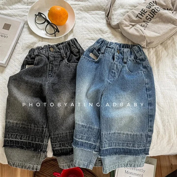 デニムパンツ キッズパンツ デニムパンツ 裾パッチワーク ロングルーズ デザインパンツ ジーンズ ジーパン 2カラー【mh0006578】