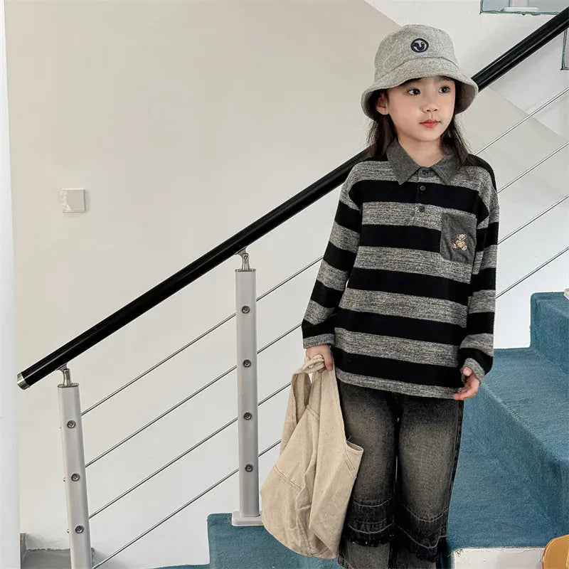 長袖シャツ・ブラウス キッズトップス ボーダー 長袖ポロシャツ くまベア刺繍 2カラー【mh0006602】