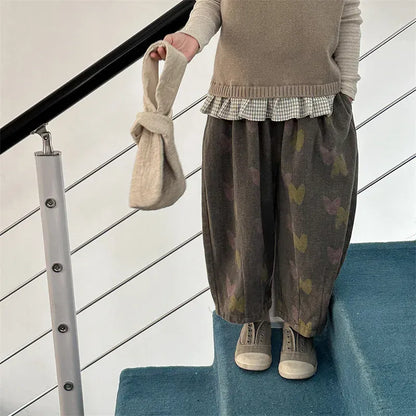 ロングパンツ・スウェットパンツ キッズパンツ ルーズワイドロングパンツ レトロフラワープリント 2カラー【mh0006627】