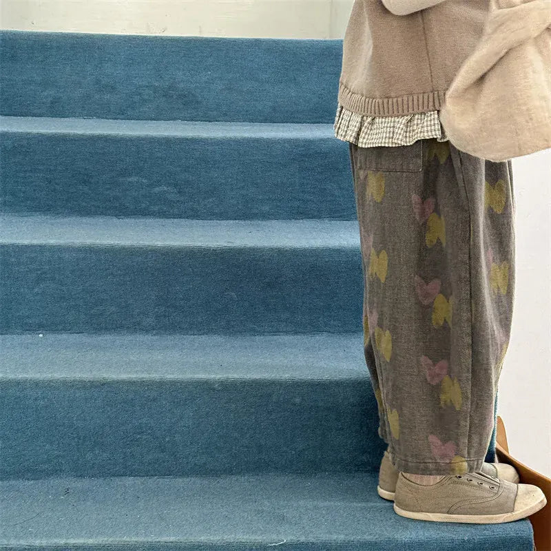 ロングパンツ・スウェットパンツ キッズパンツ ルーズワイドロングパンツ レトロフラワープリント 2カラー【mh0006627】