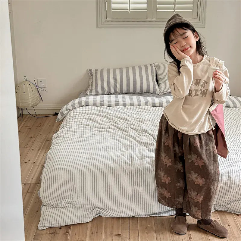 ロングパンツ・スウェットパンツ キッズパンツ ルーズワイドロングパンツ レトロフラワープリント 2カラー【mh0006627】