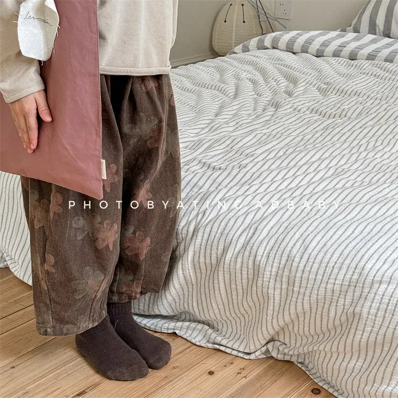 ロングパンツ・スウェットパンツ キッズパンツ ルーズワイドロングパンツ レトロフラワープリント 2カラー【mh0006627】