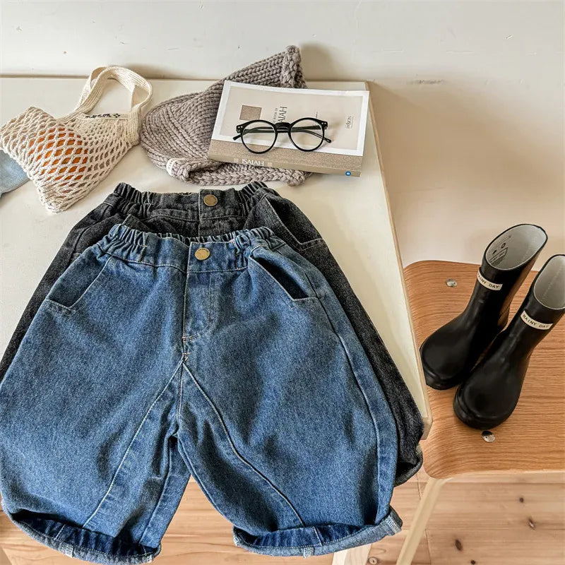 デニムパンツ キッズパンツ バックポケットタグロングルーズデニムパンツ シンプルベーシックジーンズ 2カラー【mh0006842】