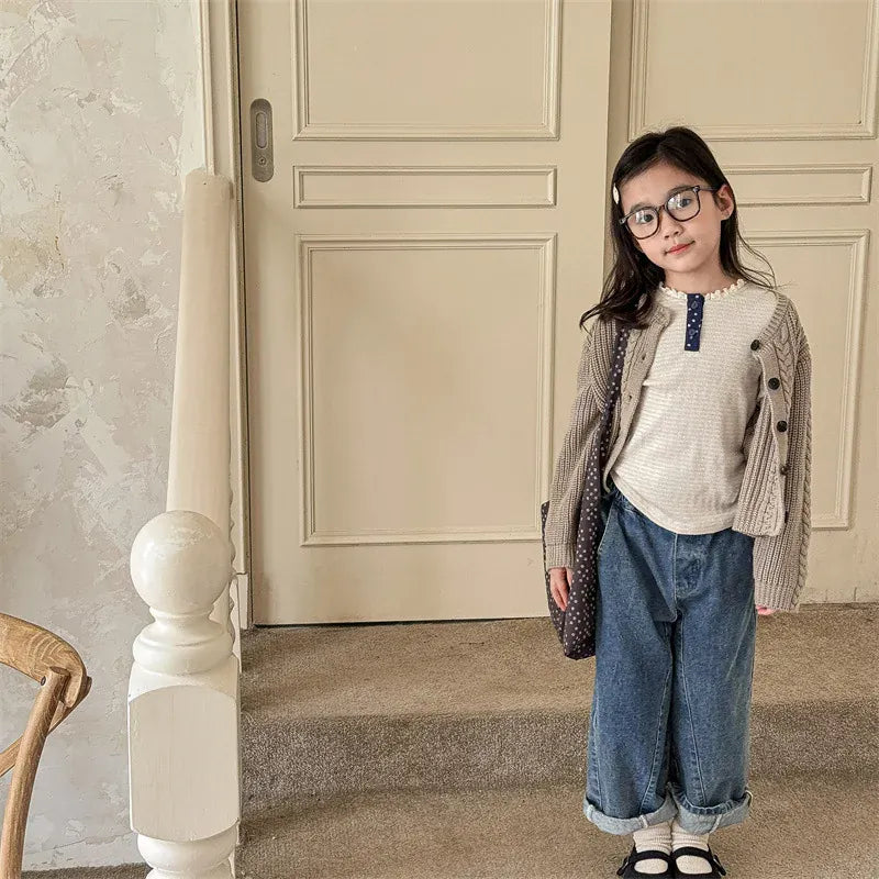 デニムパンツ キッズパンツ バックポケットタグロングルーズデニムパンツ シンプルベーシックジーンズ 2カラー【mh0006842】