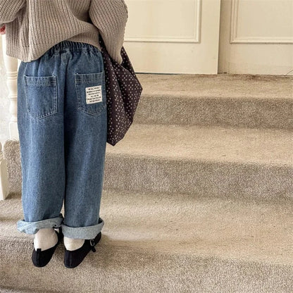 デニムパンツ キッズパンツ バックポケットタグロングルーズデニムパンツ シンプルベーシックジーンズ 2カラー【mh0006842】
