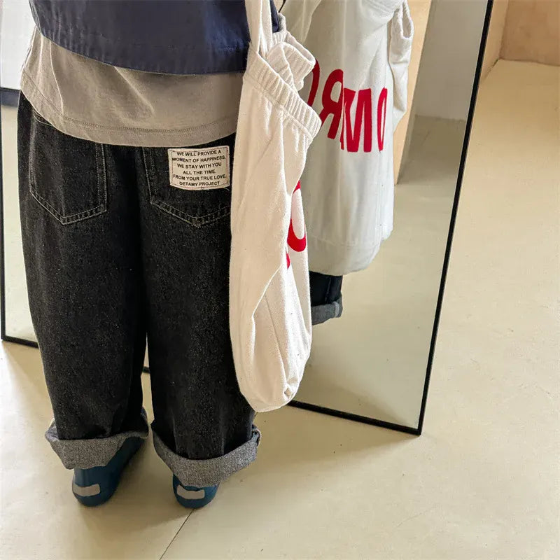 デニムパンツ キッズパンツ バックポケットタグロングルーズデニムパンツ シンプルベーシックジーンズ 2カラー【mh0006842】