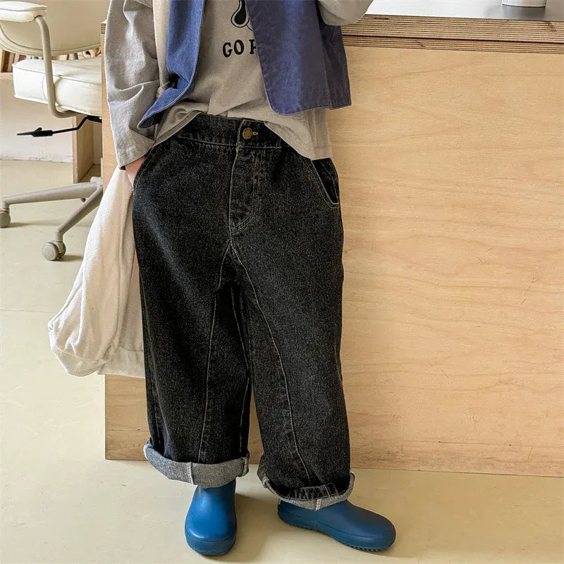 デニムパンツ キッズパンツ バックポケットタグロングルーズデニムパンツ シンプルベーシックジーンズ 2カラー【mh0006842】