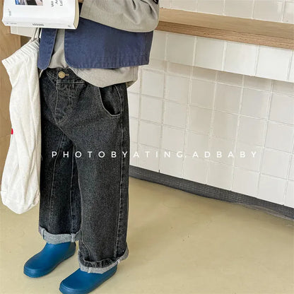 デニムパンツ キッズパンツ バックポケットタグロングルーズデニムパンツ シンプルベーシックジーンズ 2カラー【mh0006842】