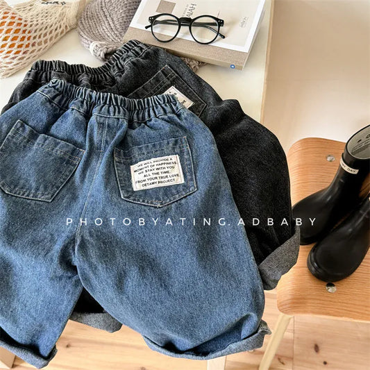 デニムパンツ キッズパンツ バックポケットタグロングルーズデニムパンツ シンプルベーシックジーンズ 2カラー【mh0006842】