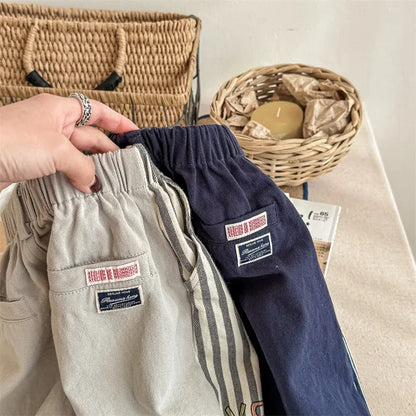 ロングパンツ・スウェットパンツ キッズパンツ ストライプお絵描きプリントパッチワークワイドルーズハーレムパンツ 2カラー【mh0006848】