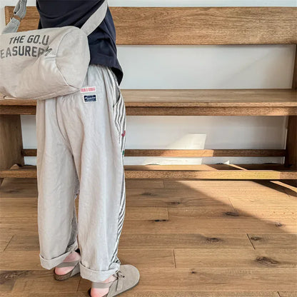 ロングパンツ・スウェットパンツ キッズパンツ ストライプお絵描きプリントパッチワークワイドルーズハーレムパンツ 2カラー【mh0006848】