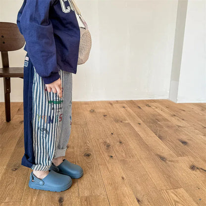 ロングパンツ・スウェットパンツ キッズパンツ ストライプお絵描きプリントパッチワークワイドルーズハーレムパンツ 2カラー【mh0006848】