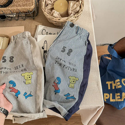 ロングパンツ・スウェットパンツ キッズパンツ ストライプお絵描きプリントパッチワークワイドルーズハーレムパンツ 2カラー【mh0006848】