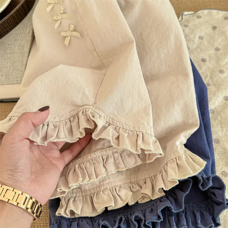 ロングパンツ・スウェットパンツ キッズパンツ 裾フリルワイドルーズクロップドパンツ 2カラー【mh0006851】