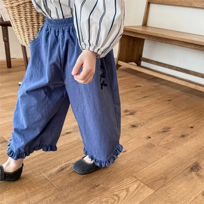 ロングパンツ・スウェットパンツ キッズパンツ 裾フリルワイドルーズクロップドパンツ 2カラー【mh0006851】